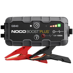 NOCO Boost GB40 front-angle view showing compact emergency jump starter for the glove box