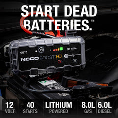 NOCO Boost GB70 clamps with spark-proof connections for safe, easy starts