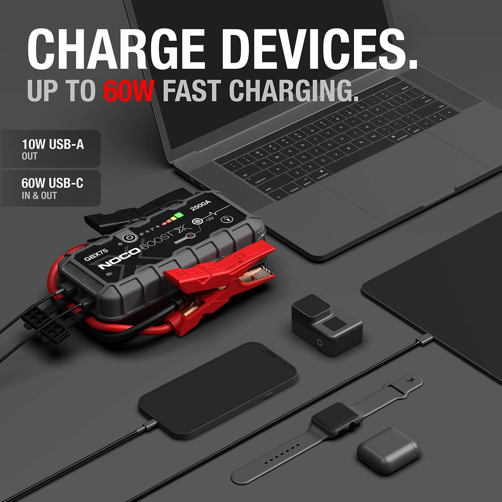 NOCO GBX75 jump-starts an 8.5L gas engine and 6.5L diesel reliably