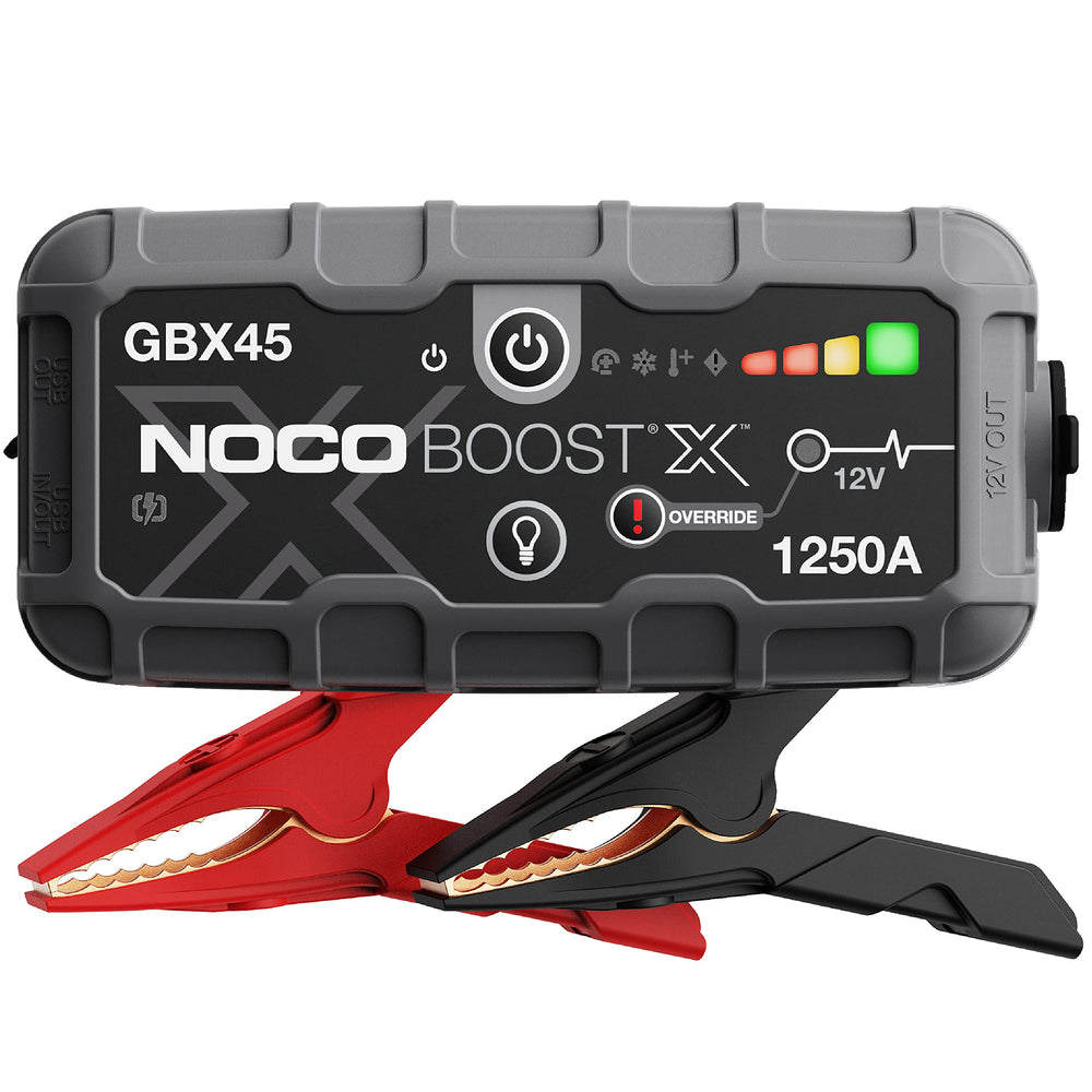 NOCO GBX45 front view with clamps for quick, reliable engine starts.