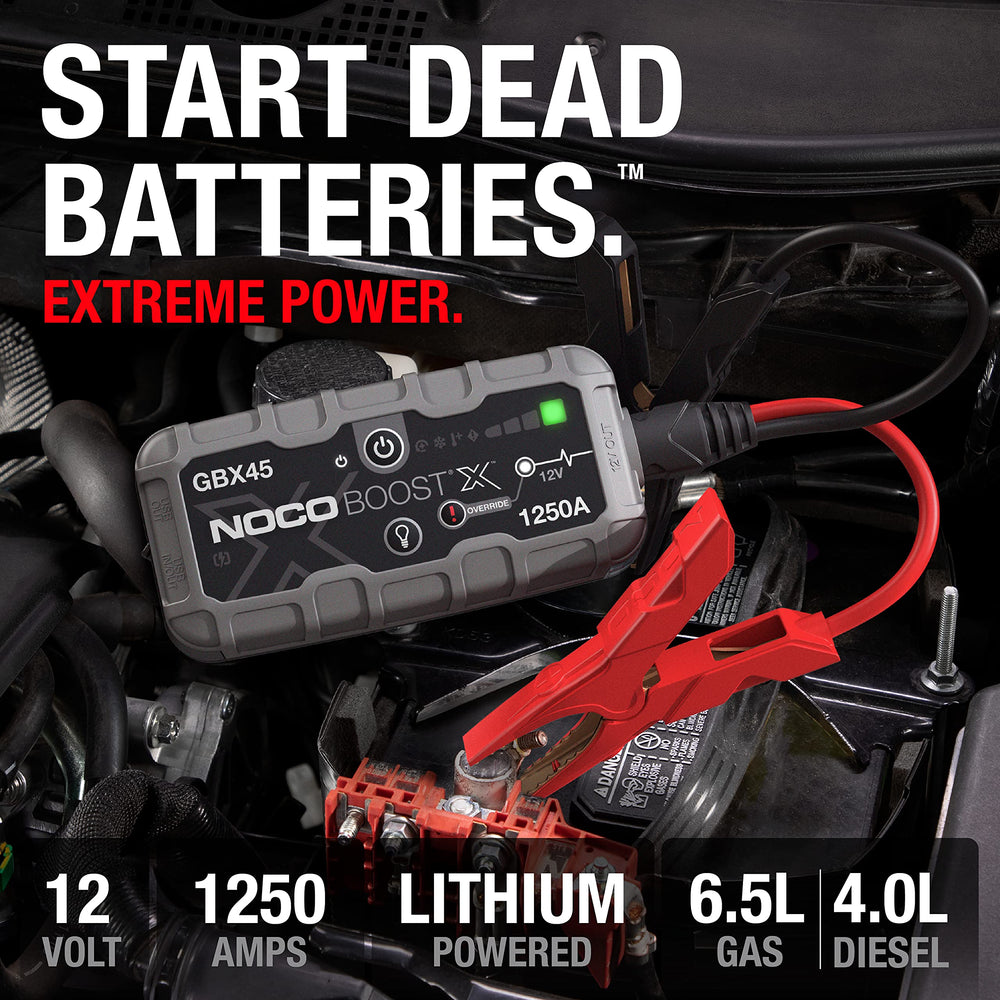 NOCO GBX45 jump start in action powering a stalled vehicle battery.