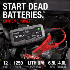 NOCO GBX45 jump start in action powering a stalled vehicle battery.