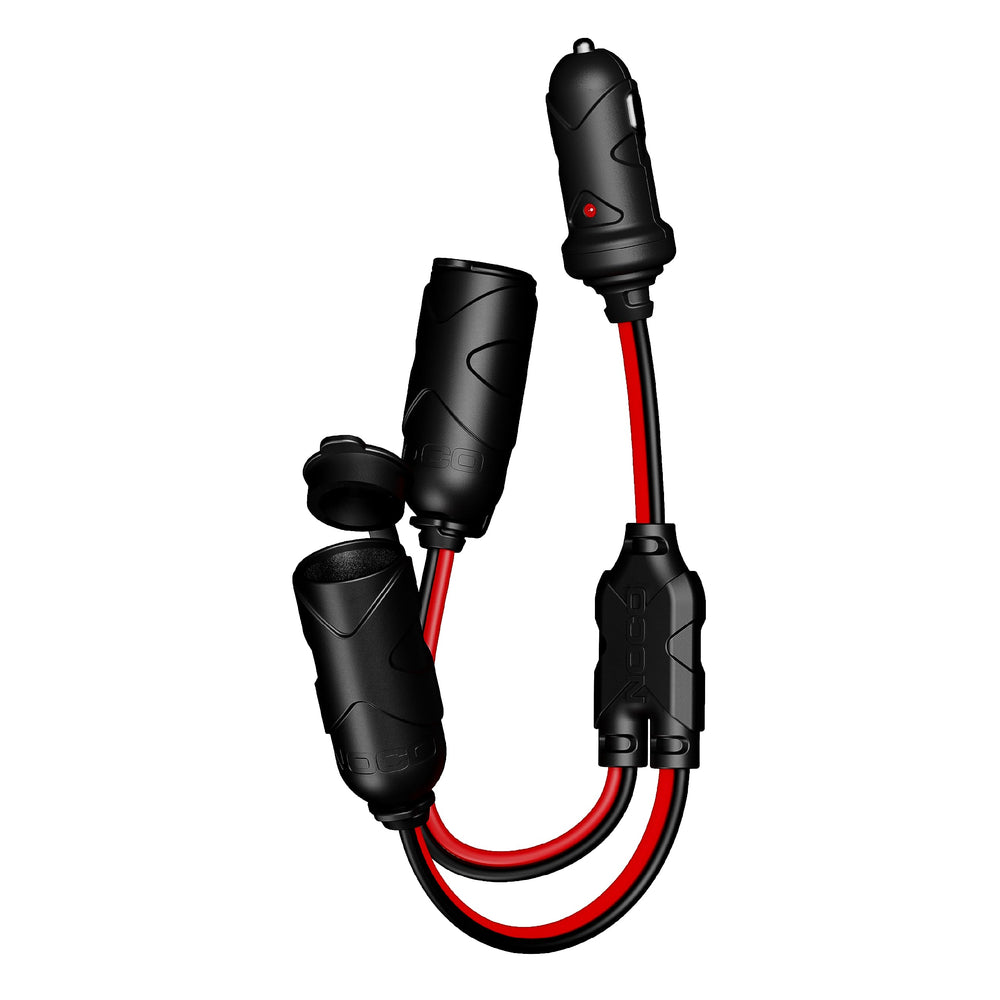 NOCO GC020 two-way splitter cable powering two 12V devices at once