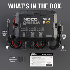 NOCO GEN5X3 included cables highlight 72-inch reach for flexible wiring.