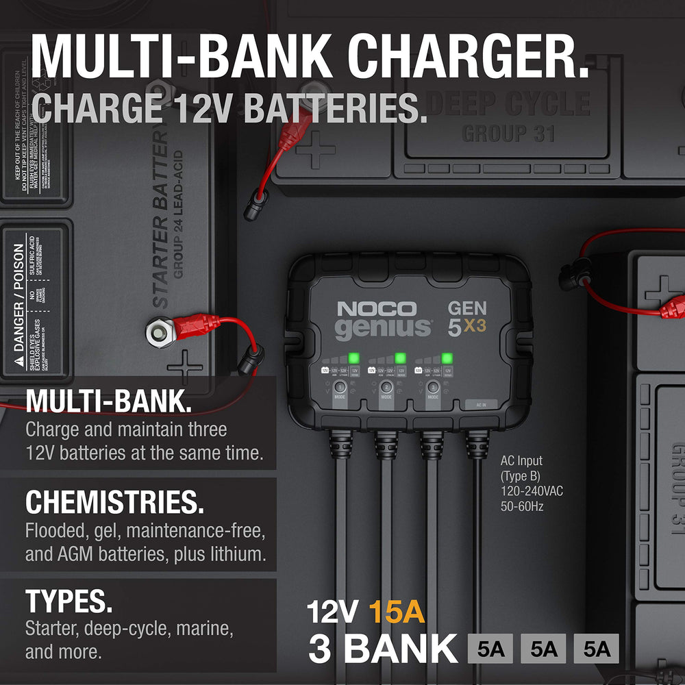 NOCO GEN5X3 independent banks image shows true three-bank charging flexibility.