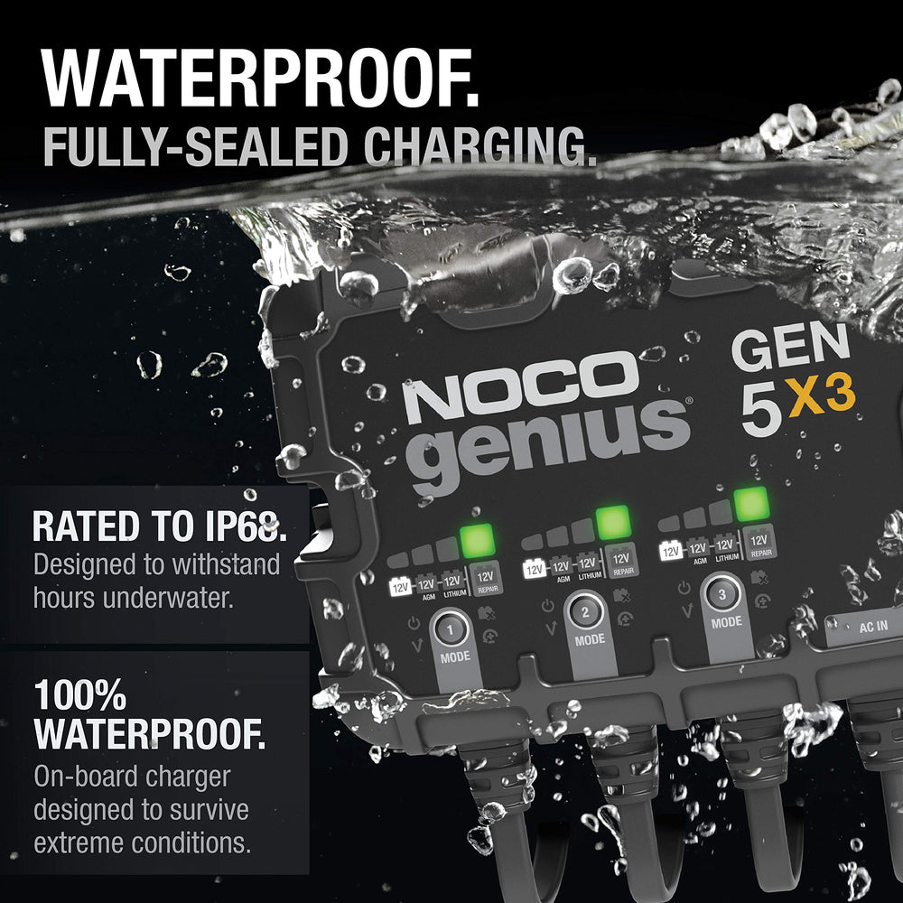 NOCO GEN5X3 thermal sensor demonstrates temperature-compensated charging for longevity.