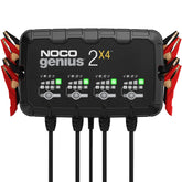 NOCO GENIUS2X4 four-bank charger powers multiple batteries concurrently for convenience.