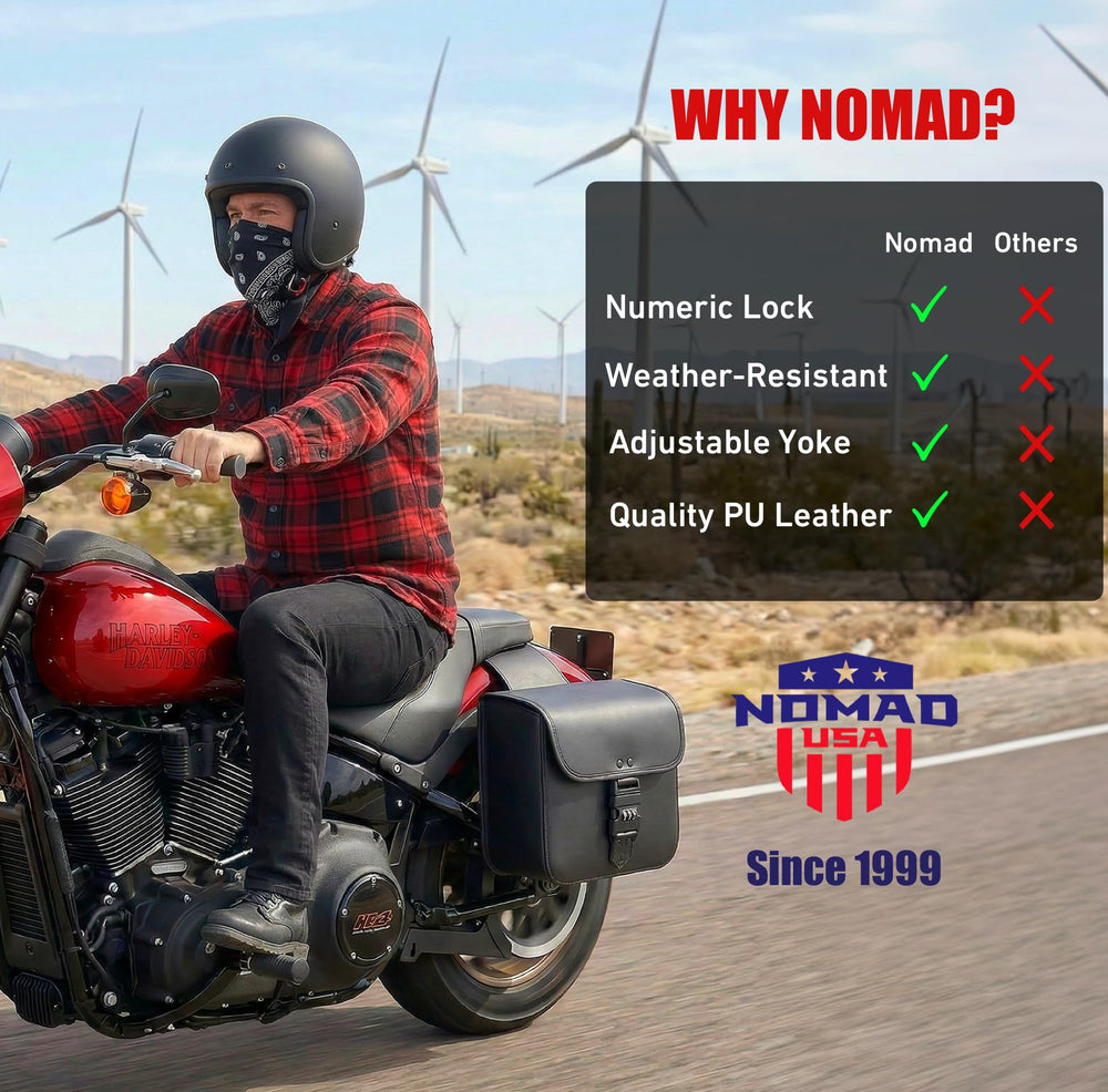 Nomad USA saddlebags compatible with many cruiser, touring, and chopper models.