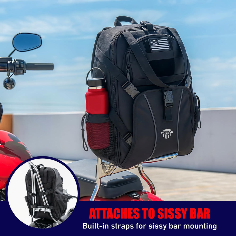 Nomad USA sissy bar bag attachment demonstrates versatile bike mounting