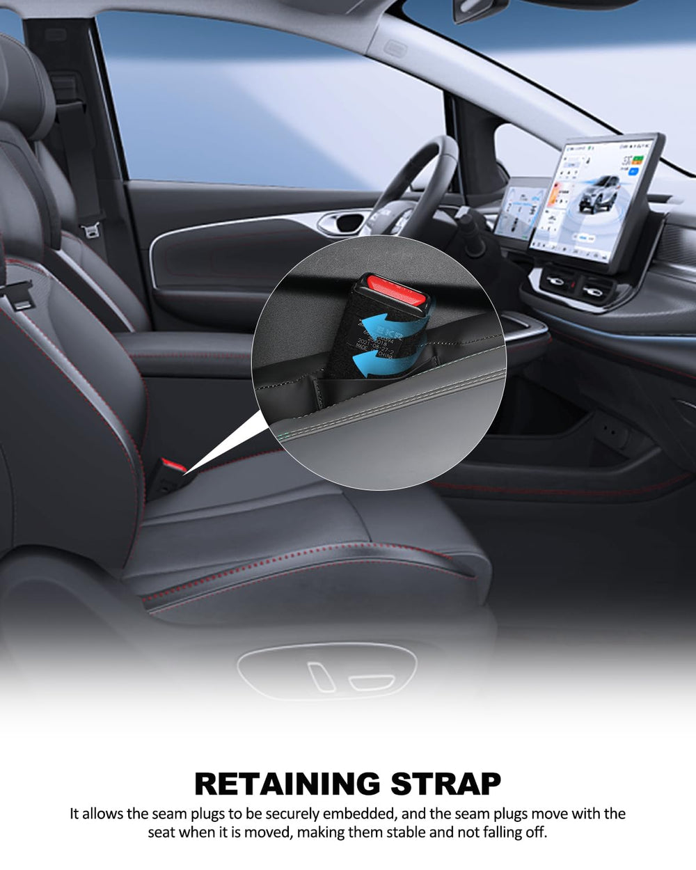 Nosxxus filler shows elastic band slot securing near seat buckle.