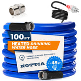 Nottia 100ft heated water hose ready for outdoor RV camping in cold weather.