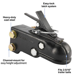 NovelBee channel-mount trailer coupler emphasizes secure connection.