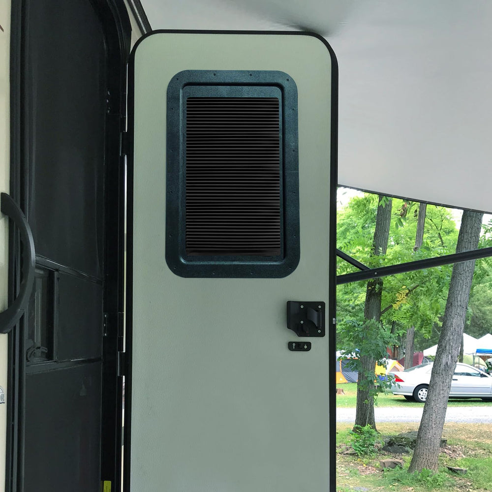 NOVINO shade installed on Lippert door frame with simple mounting check.