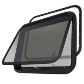 NOVINO RV exit window 30x22 with screen and trim ring for secure ventilation and emergency access.