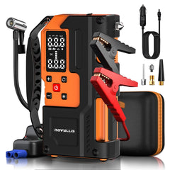 Novyllis jump starter with air compressor inflates tires up to 150 PSI quickly.