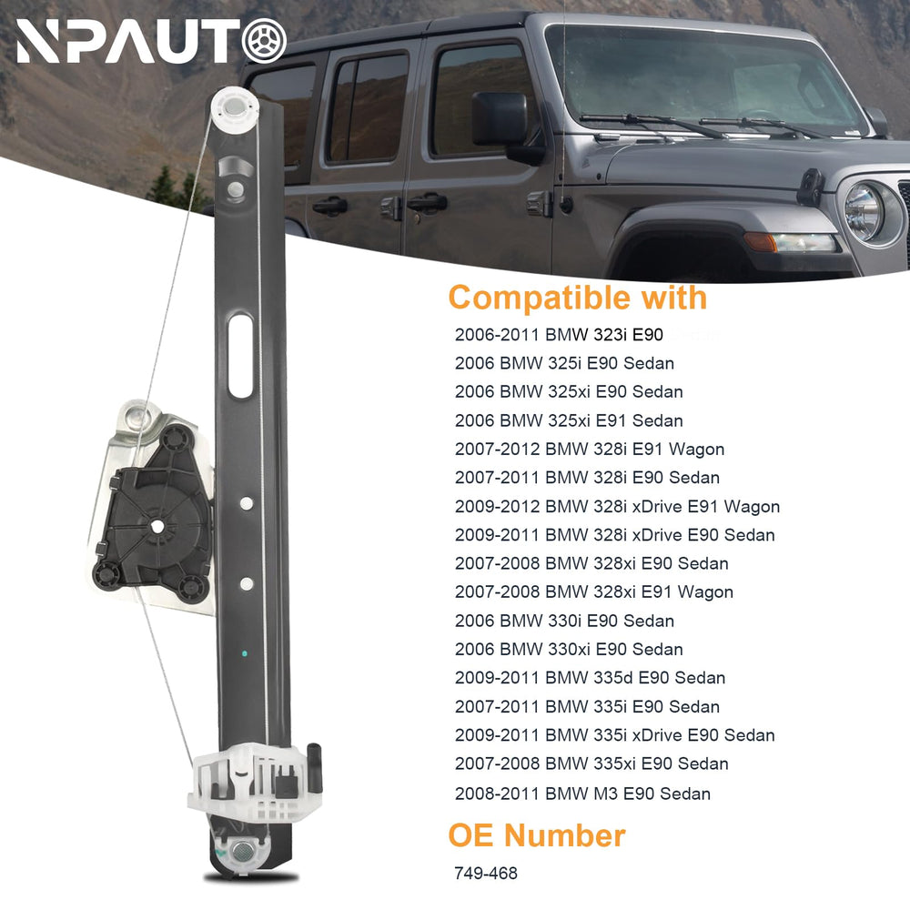 NPAUTO rear-left regulator without motor provides secure installation on BMW E90/E91.