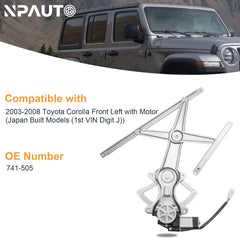 NPAUTO Toyota Corolla 03-08 regulator with motor enables reliable window action.