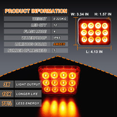 Nrgedzam amber LED emergency strobe light with magnetic base for quick mounting.