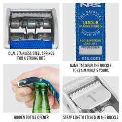 NRS buckle clearly marks strap size for quick identification after use.
