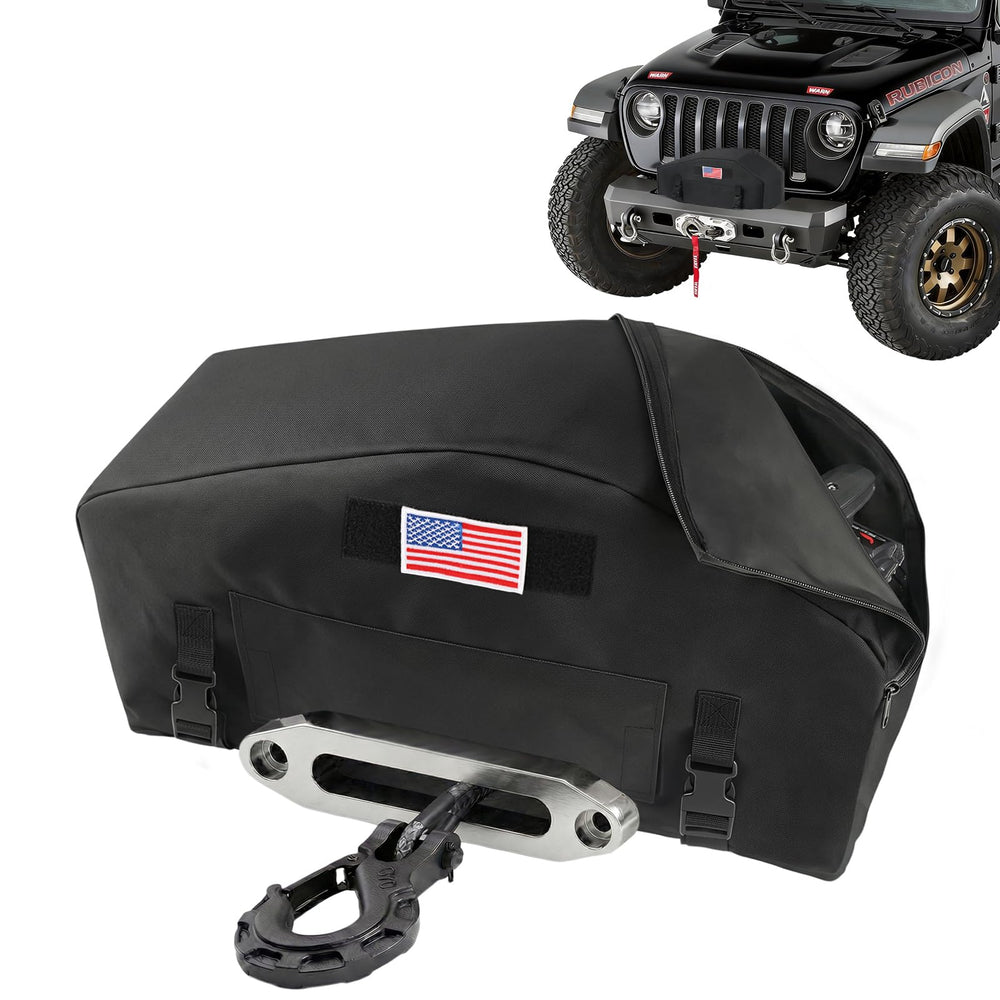 NVAAV winch cover with American flag patch adds rugged off-road style and protection
