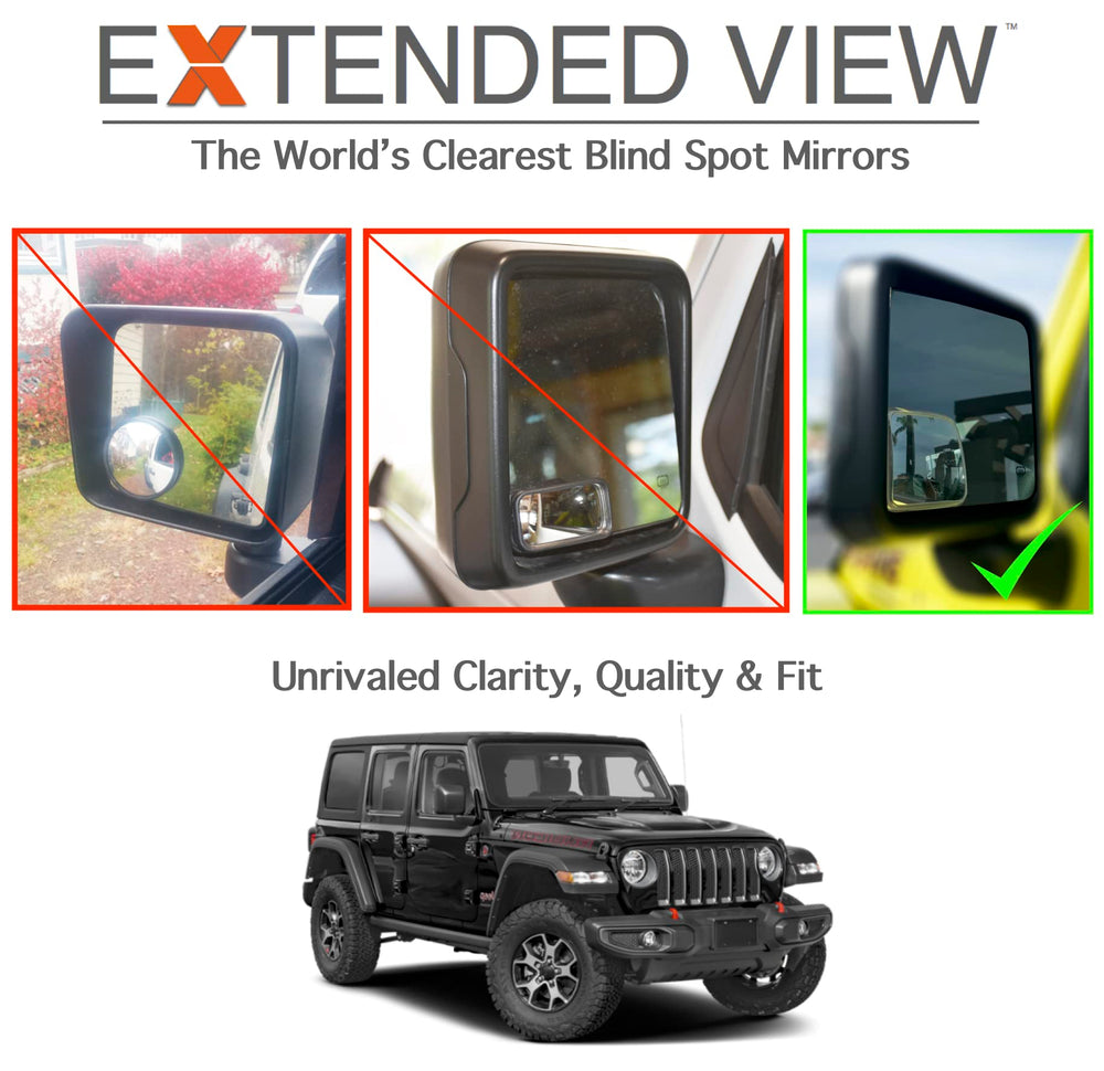 NXTGEN Extended View mirrors installed on Wrangler enhance overall visibility.