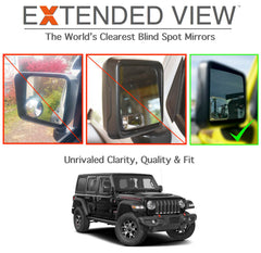 NXTGEN Extended View mirrors installed on Wrangler enhance overall visibility.