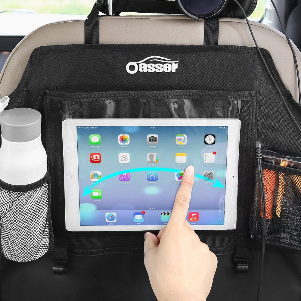 Oasser mesh side pockets for drinks and small gear on a car seat organizer