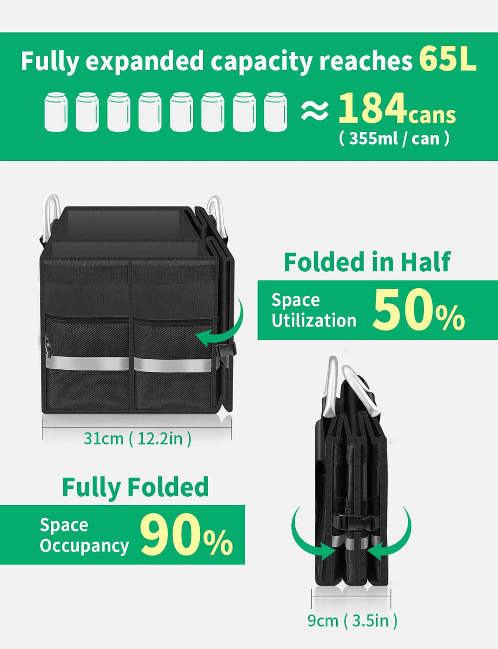 Oasser trunk organizer anti-slip strips prevent movement; reflective strip boosts visibility