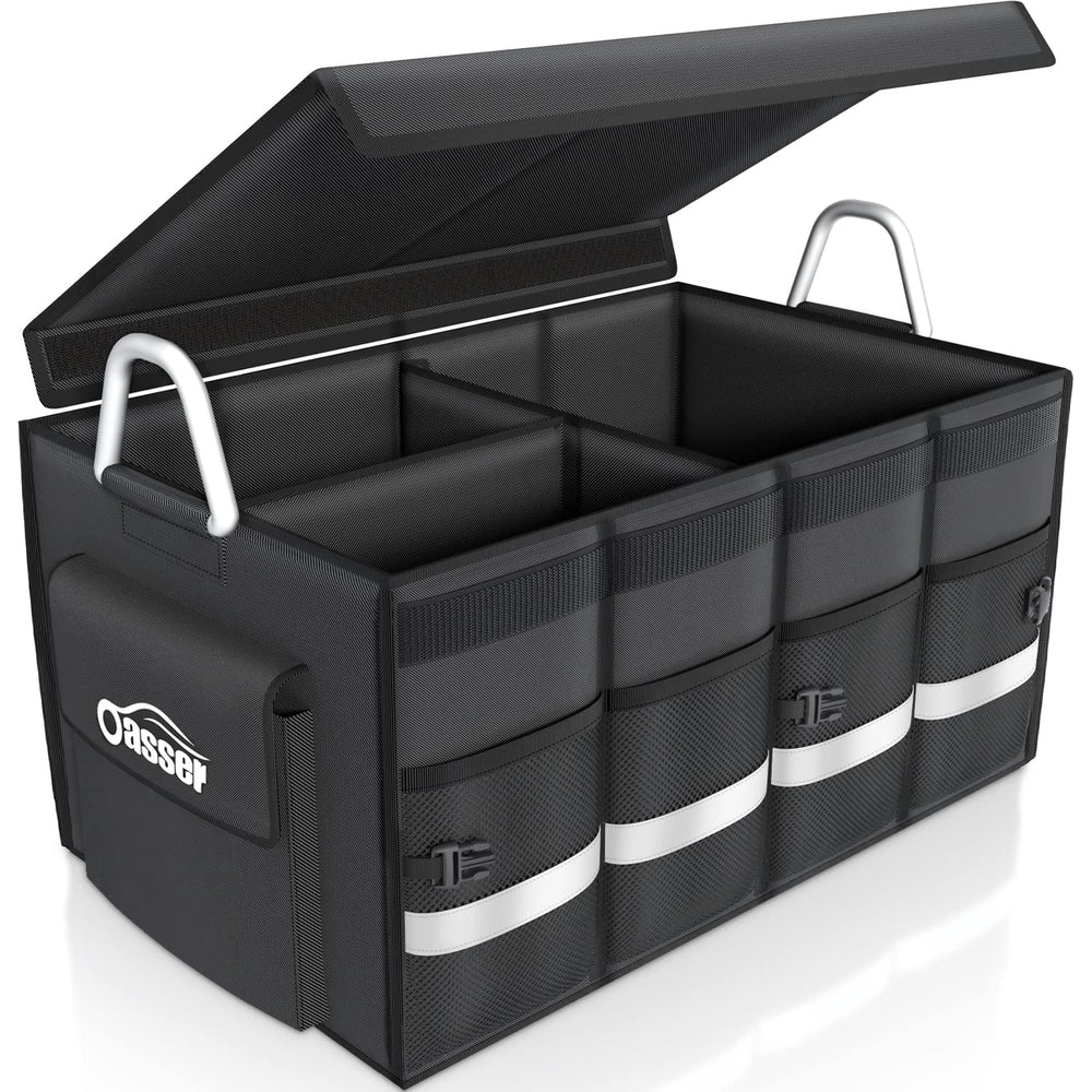 Oasser trunk organizer folded-top view demonstrates sturdy lid for secure storage