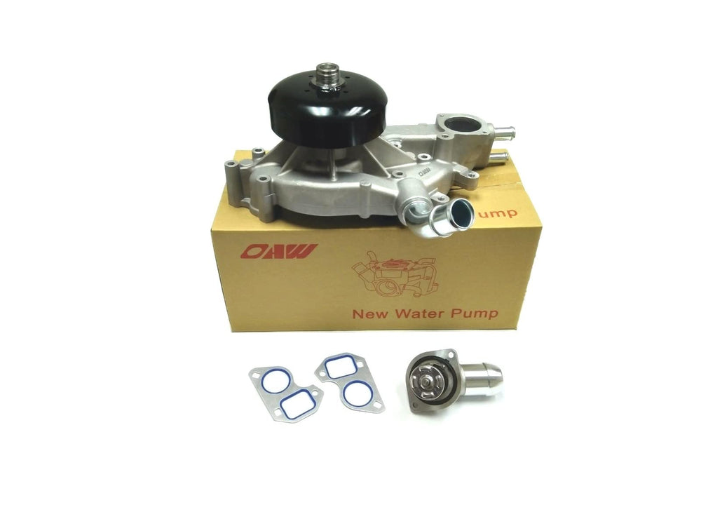 OAW G7341B water pump with thermostat front view highlighting robust build for GM engines