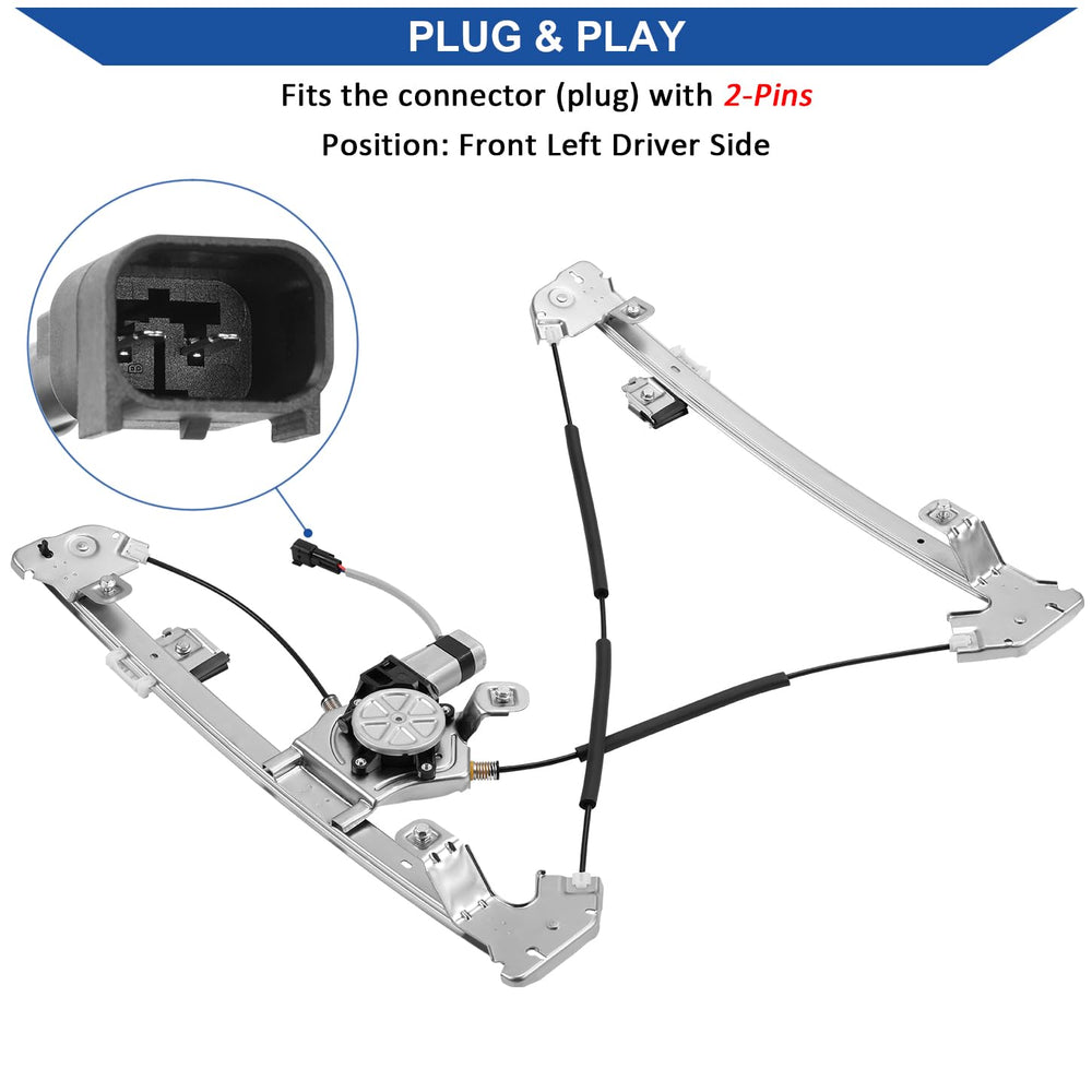 Obaee front-left regulator-motor with motor included for quick replacement.