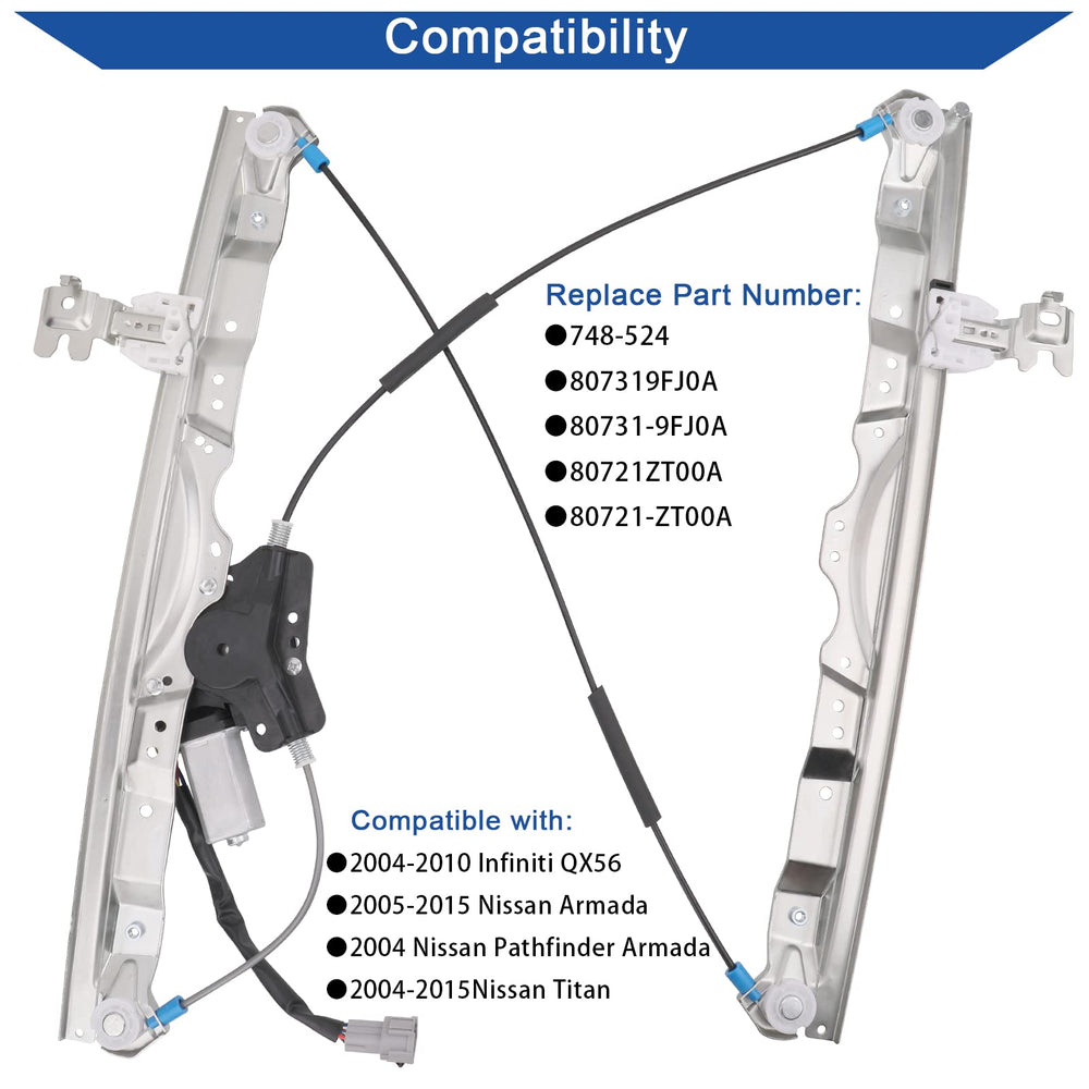 Obaee front-left regulator kit for Infiniti QX56 Armada Pathfinder improves window control.