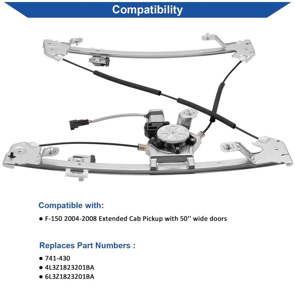 Obaee window regulator-motor assembly for F-150 extended cab; direct-fit replacement.