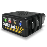OBDLink MX+ Bluetooth scanner held in hand for portable vehicle diagnostics.