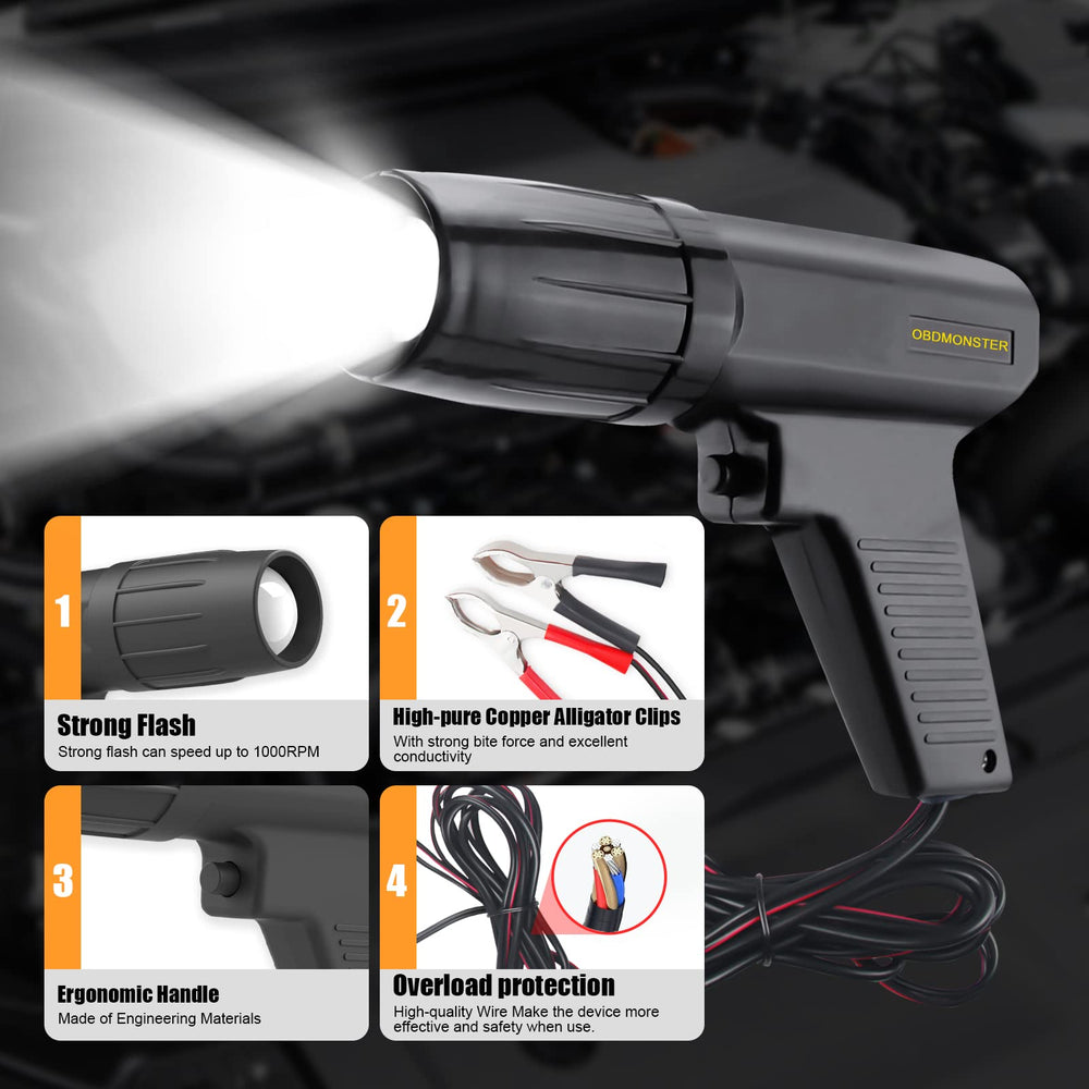 OBDMONSTER ignition timing light side view with inductive clamp ensures secure connection