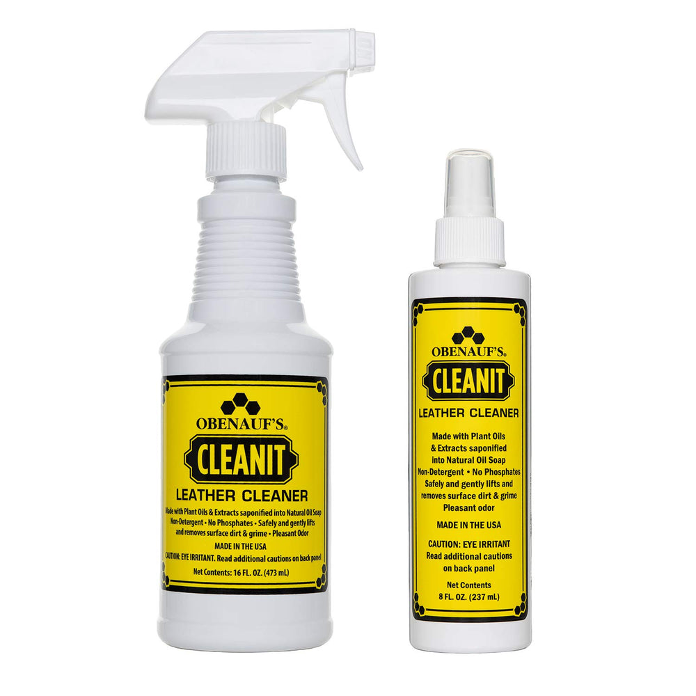 Obenauf's Cleanit cleaning car interior leather with plant oil formula.