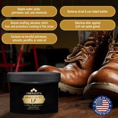 Made in the USA label on Obenauf's Heavy Duty LP conditioner bottle.