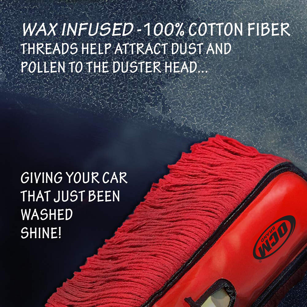 OCM Brand duster in use on a car surface for a showroom-ready finish.