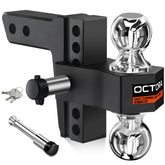 OCTORA adjustable trailer hitch in a 2-inch receiver shows lightweight aluminum design for fuel efficiency.