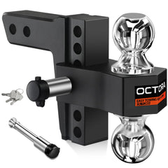 OCTORA adjustable trailer hitch in a 2-inch receiver shows lightweight aluminum design for fuel efficiency.
