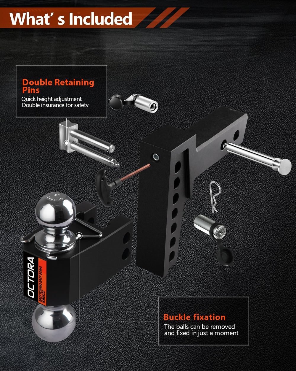 Octora aluminum hitch featuring patented design for lightweight strength.