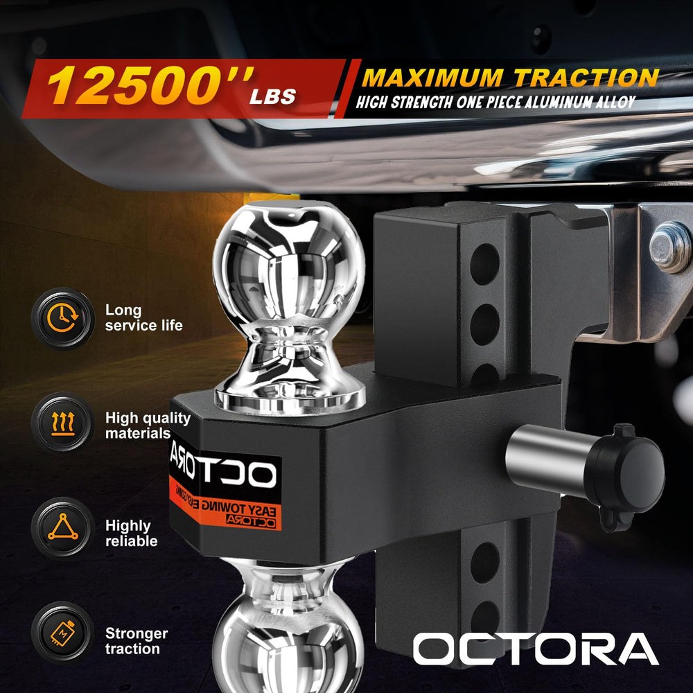 OCTORA hitch with six-inch drop-rise demonstrates level towing capability.
