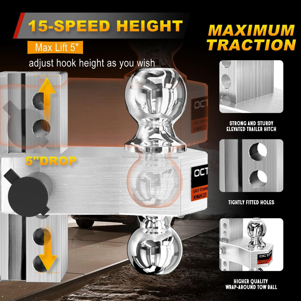 Octora six-inch drop hitch provides level towing for lifted or stock trucks.