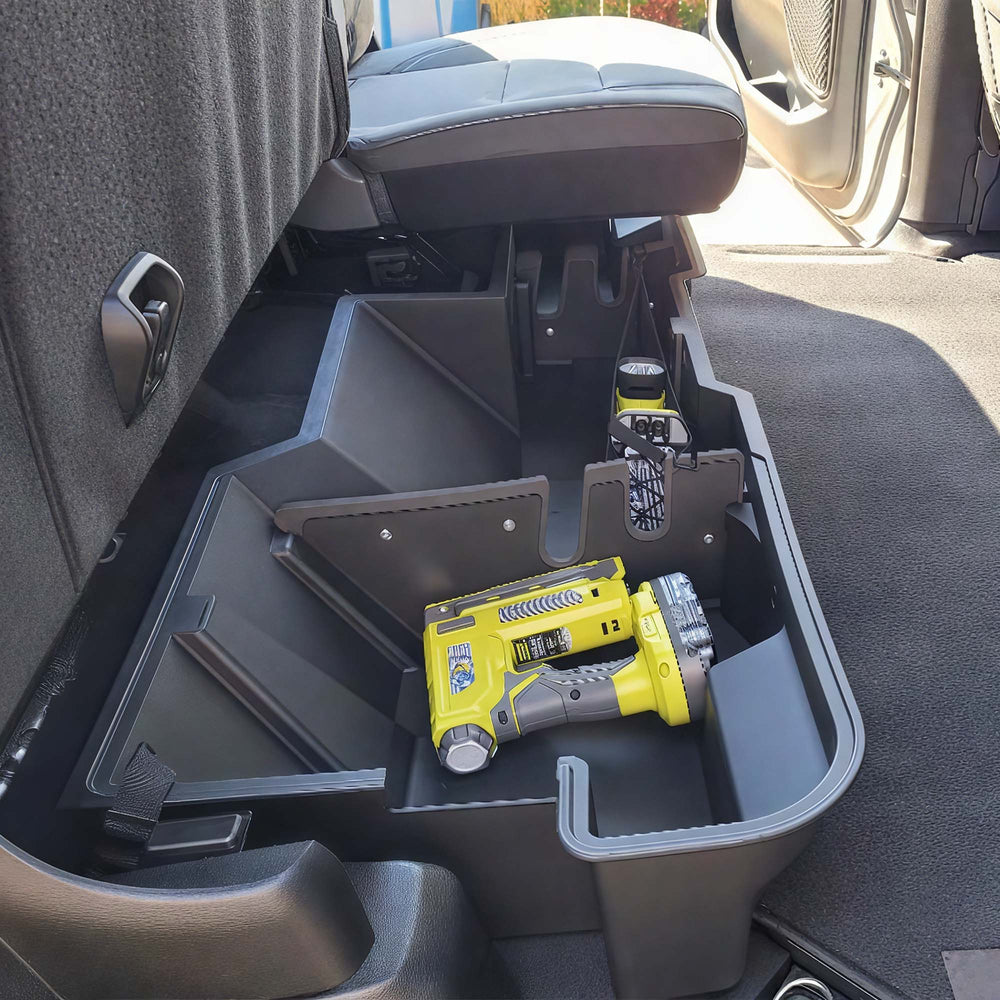 Two dividers organize long items for easy access in Ram 1500 under-seat box