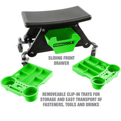 OEMTOOLS 24986 mechanic stool with wheels shown from side for convenient mobility.