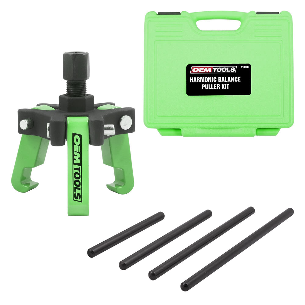 OEMTOOLS 25090 harmonic balancer puller kit in action for precise pulley removal across vehicles.