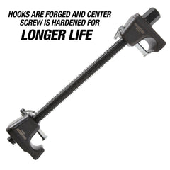 OEMTOOLS 25553 forged hooks with detent pins keep springs anchored.