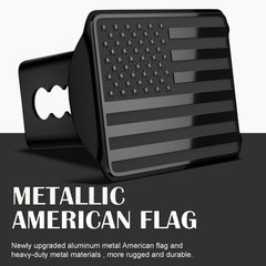 OGYE American flag hitch cover in stainless steel for 2-inch receivers, corrosion resistant.