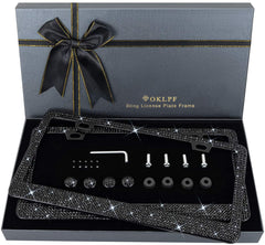 OKLPF bling license frame in black crystals adds stylish shine while protecting edges.