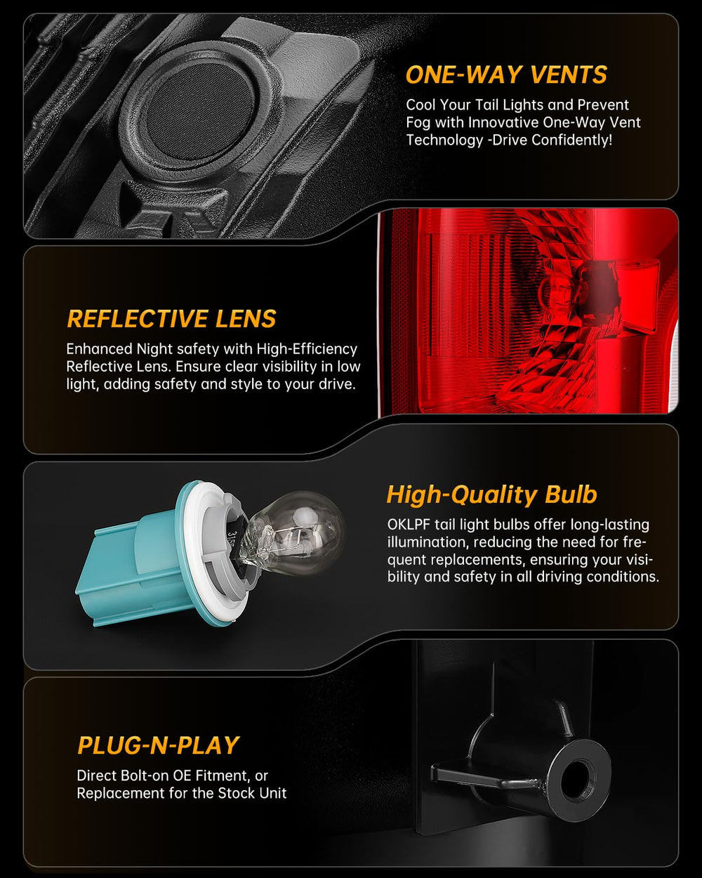 OKLPF rear taillight plug-and-play design saves installation time.